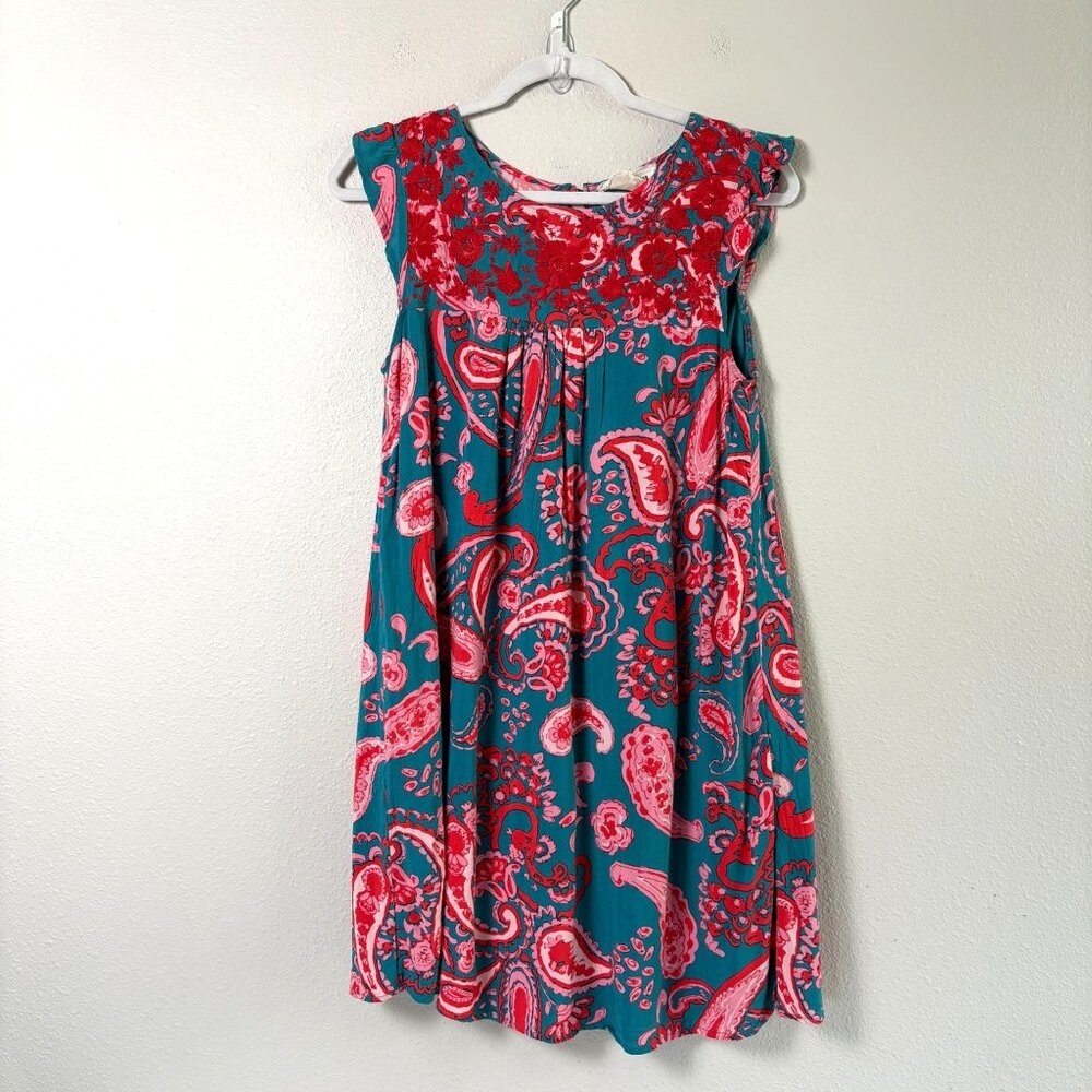 Savannah Jane Mini Dress Size S Blue Pink Paisley Boho Floral‎ Embroidery
